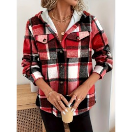 Women's -Lined Plaid Shirt Jacket - Warm Thick Winter Coat with Button Front Closure, Longline Fall Outerwear, Machine Washable Casual Blouse for Christmas & Cold Weather