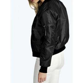 Women'S Classic Bomber Jacket Long Sleeve Stand Collar Zip Up Jacket Loose Fall Outwear