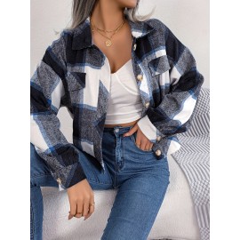 Women's Elegant Structured Jacket - Plaid Checkered Coat (Red/White/Tan) with Classic Collar & Chest Pocket Button Closure, Machine Washable Long Sleeve Blazer for Office, Casual or Formal Wear - Spring/Autumn Outerwear