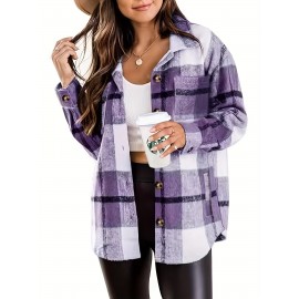 [Plaid Shacket] Plaid Shacket - Women's Long Sleeve Button Overshirt W/ Mid-Weight Warmth | Fall Layering Staple For Work, Weekend & Date Nights