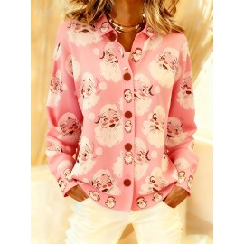 Women's Lapel Button Front Cardigan Jacket with Santa Claus & Christmas Prints - Warm Winter Coat for Christmas Parties, Lapel Collar Outerwear, Machine Washable Blazer (Autumn/Winter), 2D Flat