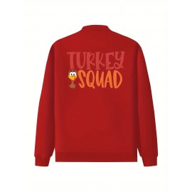 Women's Turkey Squad Graphic Zip-Up Jacket - Black Casual Slim Fit Stand Collar Coat with Pockets, Machine Washable Fall Winter Outerwear