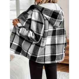Women's Retro Plaid -Lined Hooded Jacket - Soft Brushed Polyester Button-Front Coat, Cozy Winter Outerwear for Fall & Winter, Casual Elegant Blazer (Single-Breasted Button Closure)