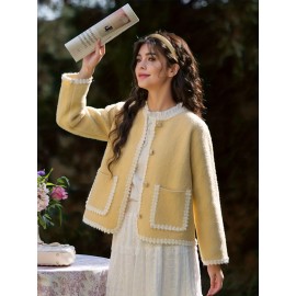 Women's Elegant Solid Color Winter Jacket - Single-Breasted Button Front Coat with Pockets, H-Line Silhouette, Long Sleeve Warm Outerwear for Fall & Winter, Casual or Dressy Occasions