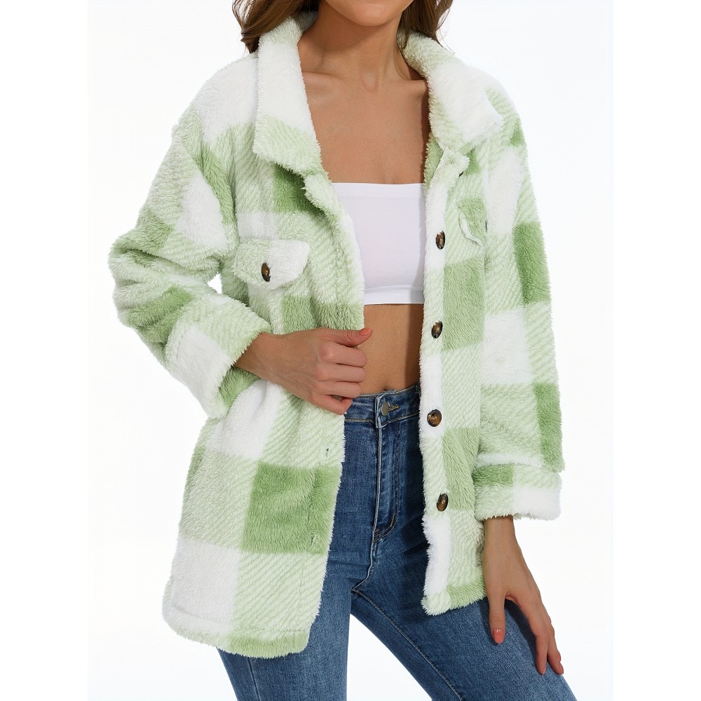 Cozy Plaid Fuzzy Jacket - Soft Thermal Insulation, Button Front, Flap Pockets, Long Sleeve, Casual Chic - Perfect for Fall & Winter, Women's Clothing, Thermal Jacket for Cold Weather