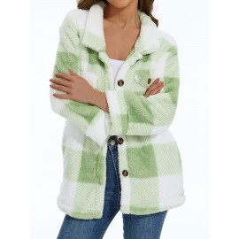 Cozy Plaid Fuzzy Jacket - Soft Thermal Insulation, Button Front, Flap Pockets, Long Sleeve, Casual Chic - Perfect for Fall & Winter, Women's Clothing, Thermal Jacket for Cold Weather