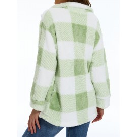 Cozy Plaid Fuzzy Jacket - Soft Thermal Insulation, Button Front, Flap Pockets, Long Sleeve, Casual Chic - Perfect for Fall & Winter, Women's Clothing, Thermal Jacket for Cold Weather