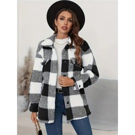 Cozy Plaid Fuzzy Jacket - Soft Thermal Insulation, Button Front, Flap Pockets, Long Sleeve, Casual Chic - Perfect for Fall & Winter, Women's Clothing, Thermal Jacket for Cold Weather
