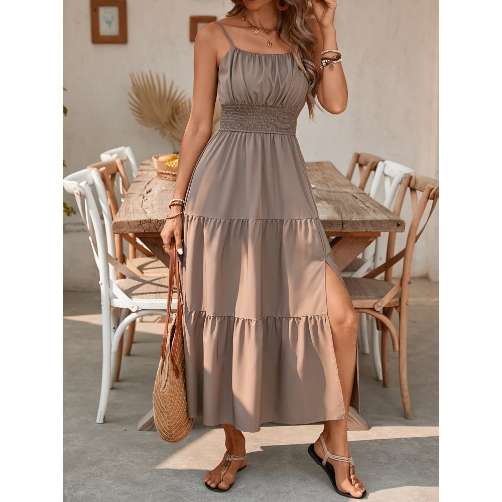 Elegant Mint Green Ruched Spaghetti Strap Maxi Dress for Women - Sleeveless, Cinched Waist, Flowy Vacation Style, Perfect for Spring/Summer, Spaghetti Suspender Dress