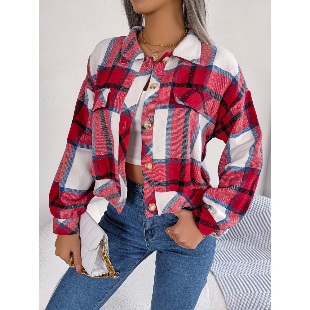 Women's Elegant Structured Jacket - Plaid Checkered Coat (Red/White/Tan) with Classic Collar & Chest Pocket Button Closure, Machine Washable Long Sleeve Blazer for Office, Casual or Formal Wear - Spring/Autumn Outerwear